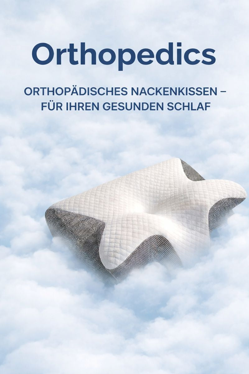 Werbegrafik für ergonomisches Nackenkissen auf Wolken, mit Slogan Für Ihren gesunden Schlaf, Orthopedics Logo für entspannten und stützenden Schlafkomfort.