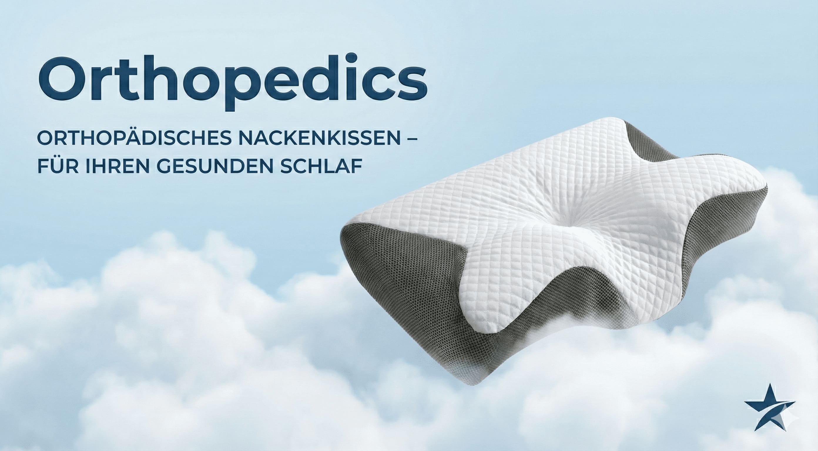 Ergonomisches Nackenkissen aus Memory-Foam auf Wolken schwebend, Werbegrafik für gesunden Schlaf und optimale Nackenunterstützung.