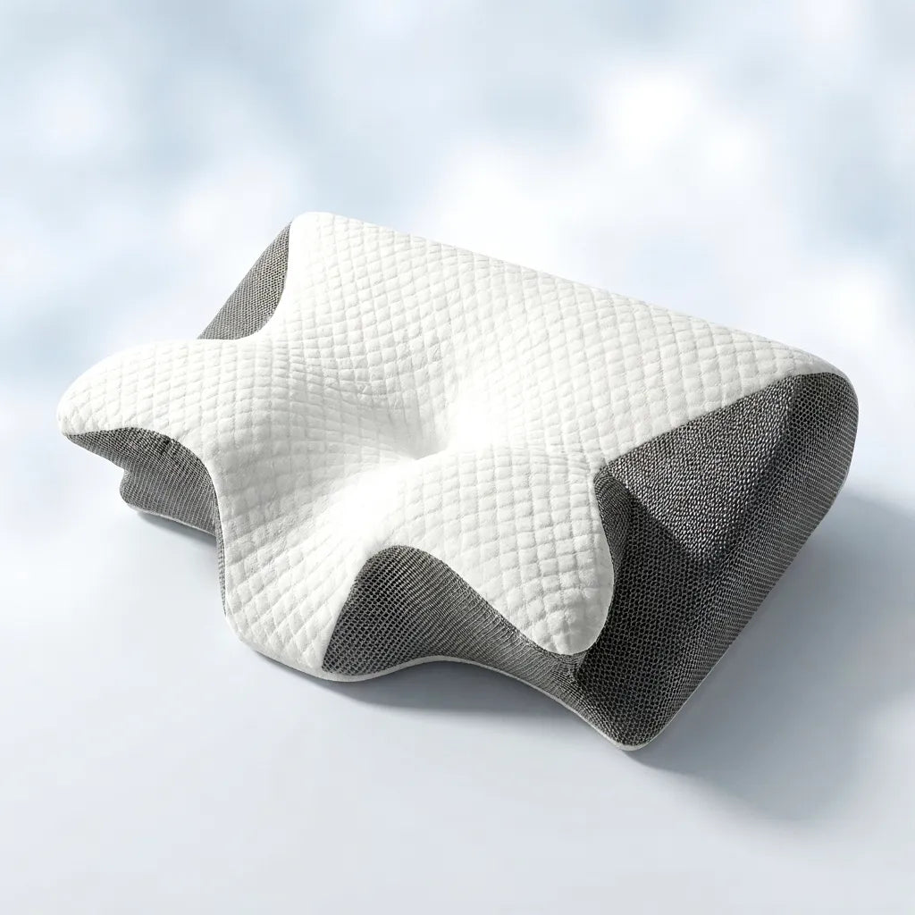 Ergonomisches Nackenkissen aus Memory-Foam in Grau-Weiß, schräge Seitenansicht mit wellenförmiger Kontur und atmungsaktiven Mesh-Seiten für entspannten Schlafkomfort.